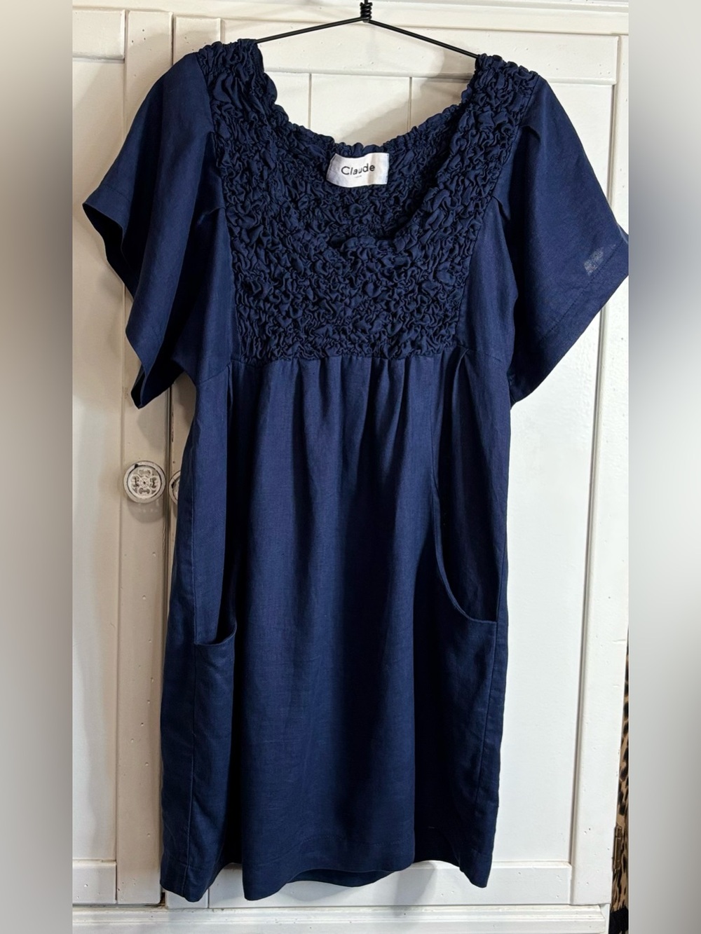 Claude Tulum 100% Linen Navy Ruffle Pocket Mini Dress One Size - Picture 4 of 16